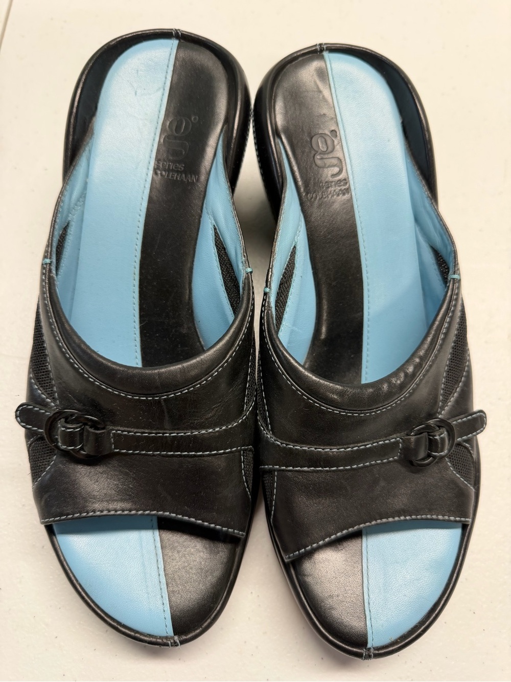 Cole Haan Women's Black Leather Slide Wedge Sandals Buckle US 7.5B